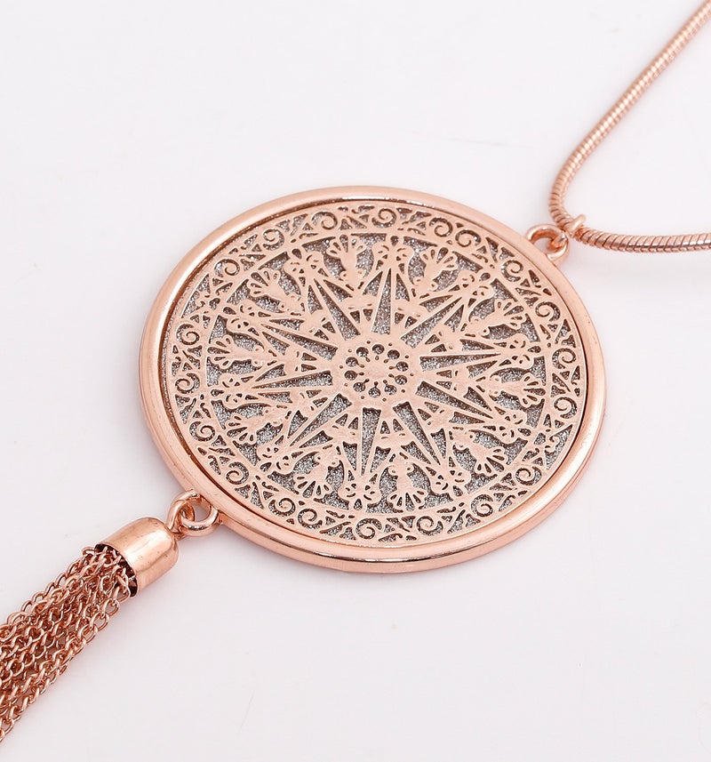 MOLOCH Long Necklaces For Woman Disk Circle Pendant Necklaces Tassel Fringe Necklace Set Statement Pendant (rose gold) - Image 3